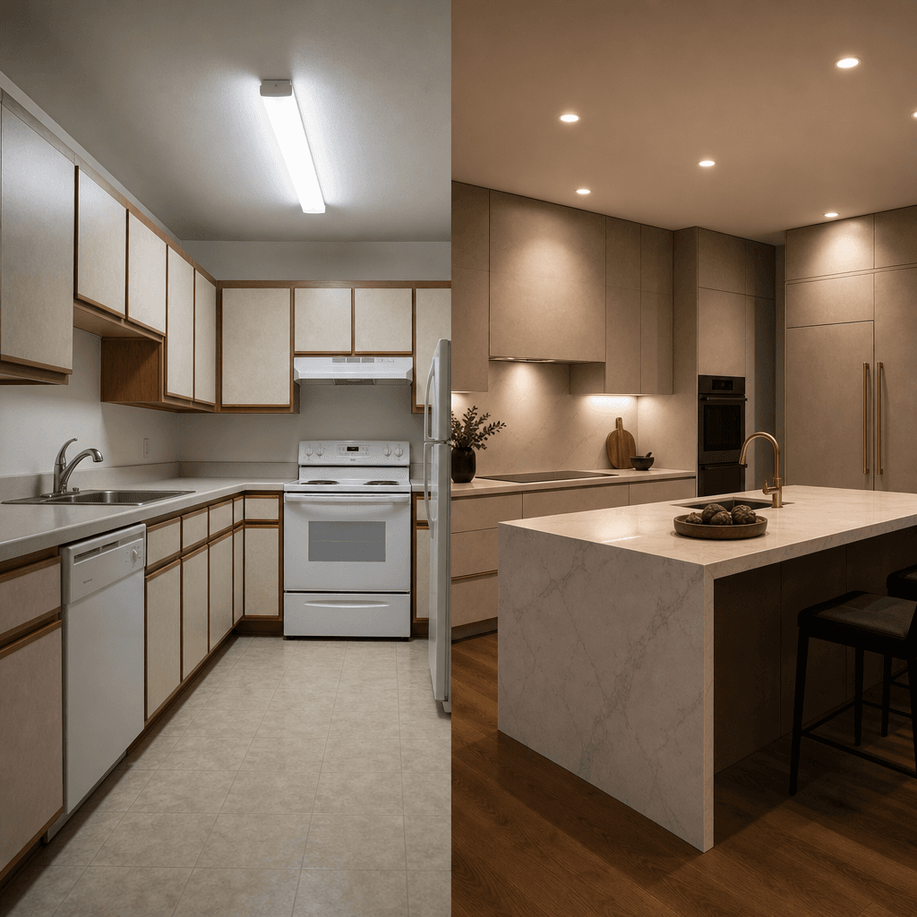 Square editorial kitchen renovation photograph, vertical center split. Left: laminate-fronted cabinets under cool fluore