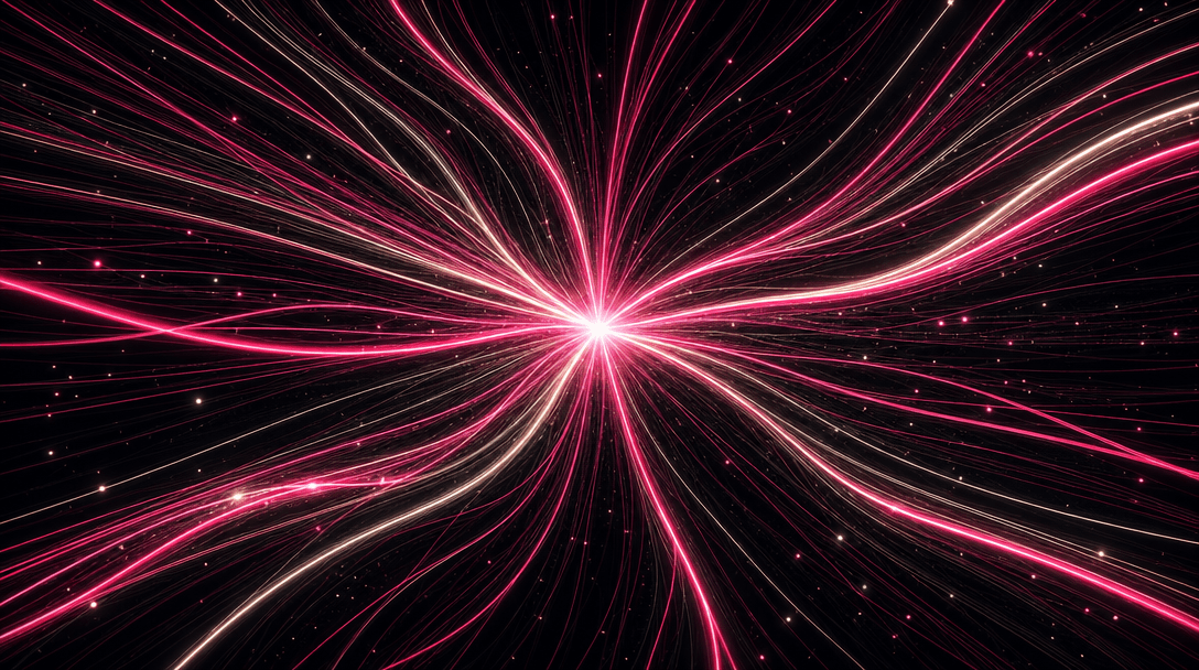 Abstract data stream visualization in deep space: dozens of thin luminous filaments in warm white and hot pink #FE28A7 c