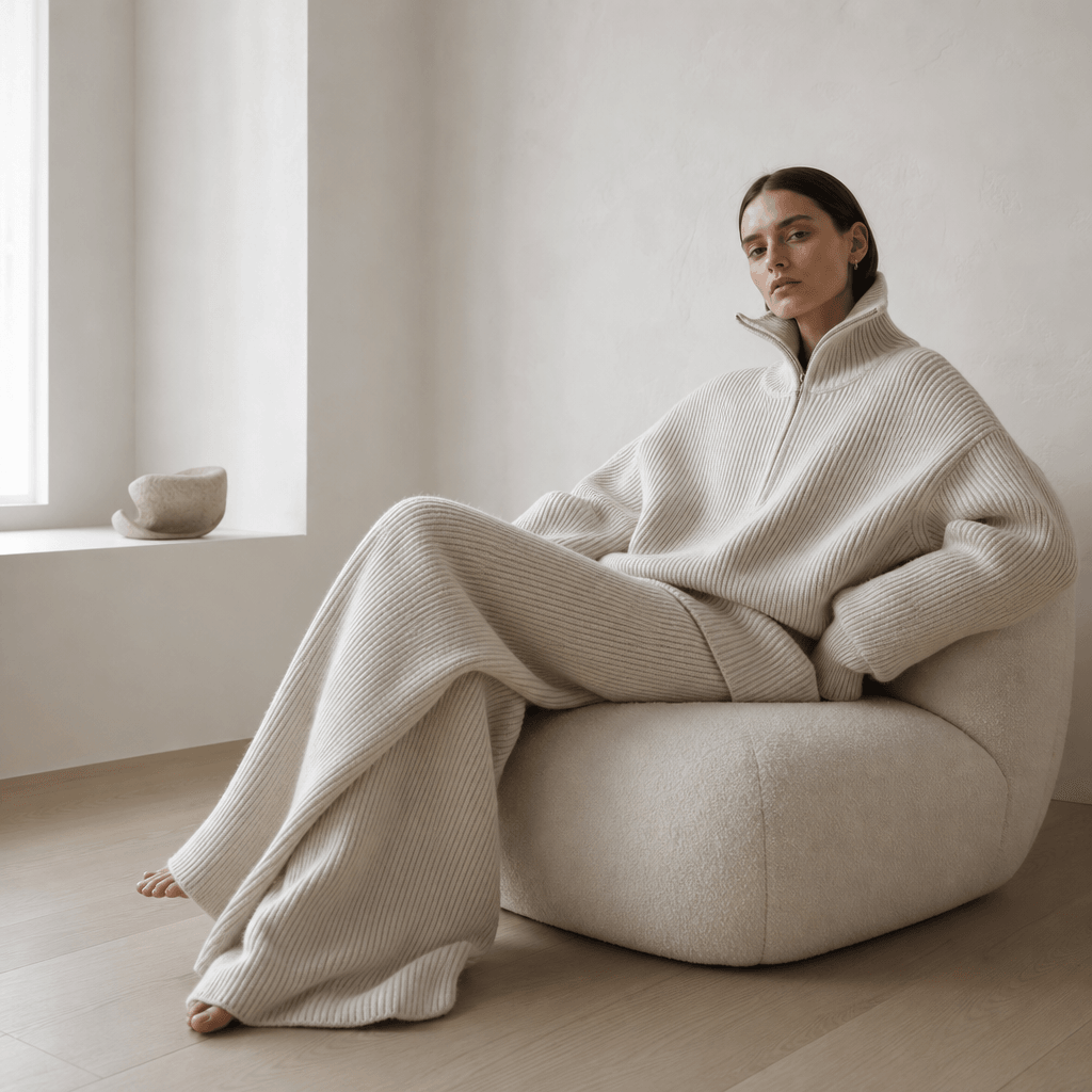 Square editorial fashion photograph: a model wearing an oversized luxury cream ribbed knitwear set posed inside a minima