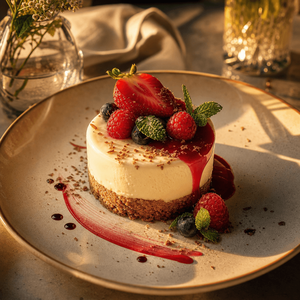 A finished dessert plated and styled with golden-hour lighting. Shadows and highlights creating depth, artistic food pre