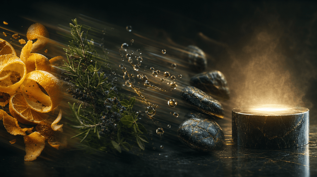 A cinematic visual progression from raw ingredients to finished product atmosphere: citrus peel, herbs, droplets, polish