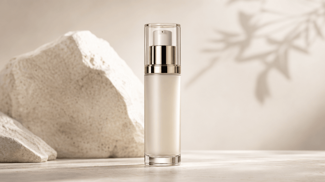 A single polished skincare bottle displayed as a finalized commercial asset against a clean neutral background — framed 
