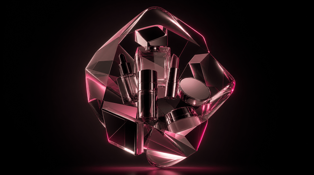 An abstract arrangement of cosmetic bottles and compact geometric forms suspended inside a crystal-clear sculptural volu