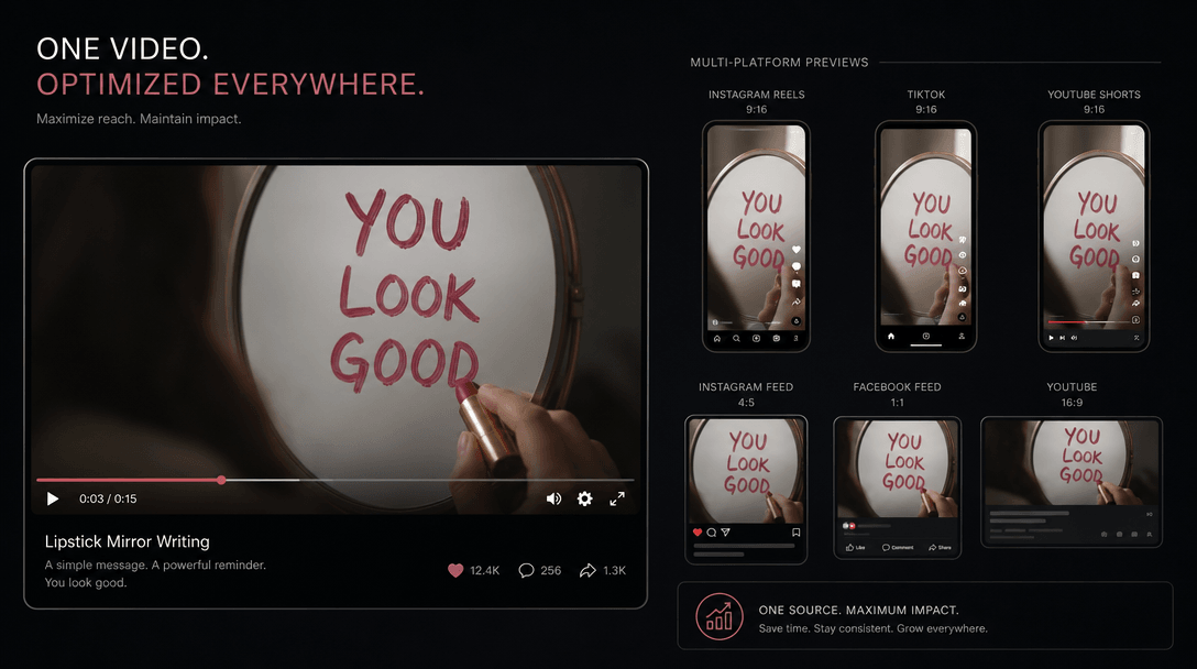 Video player showing the lipstick mirror writing video in a sleek frame, multiple small preview thumbnails suggesting pl
