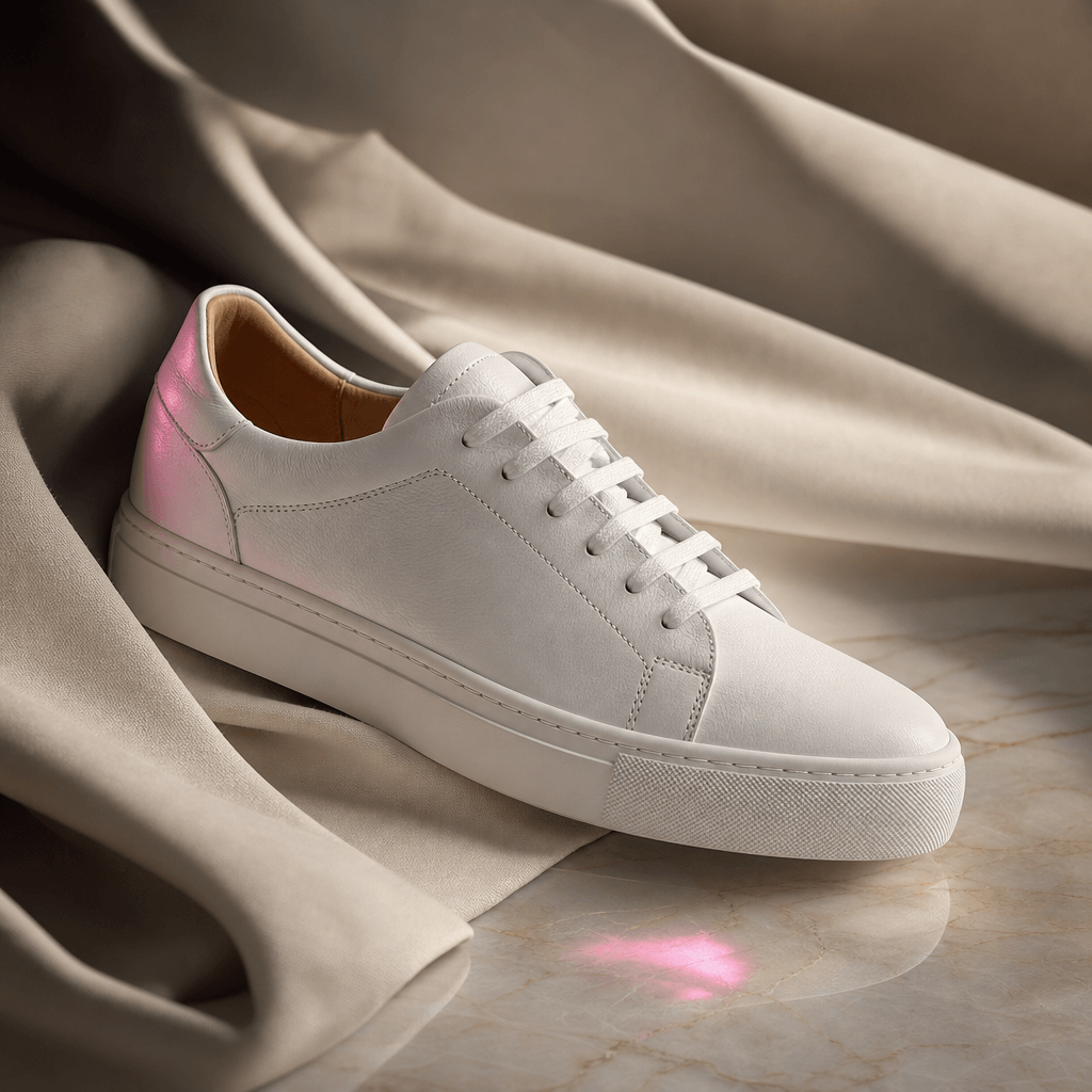 A minimalist white leather sneaker displayed where folded cream fabric transitions into polished pale stone, soft direct