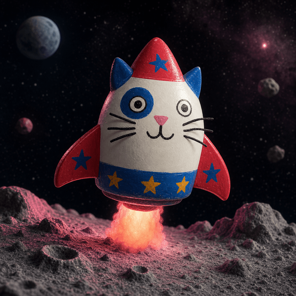 A simple marker drawing of a rocket-shaped cat brought to life as a polished 3D scene, floating above a miniature moon s