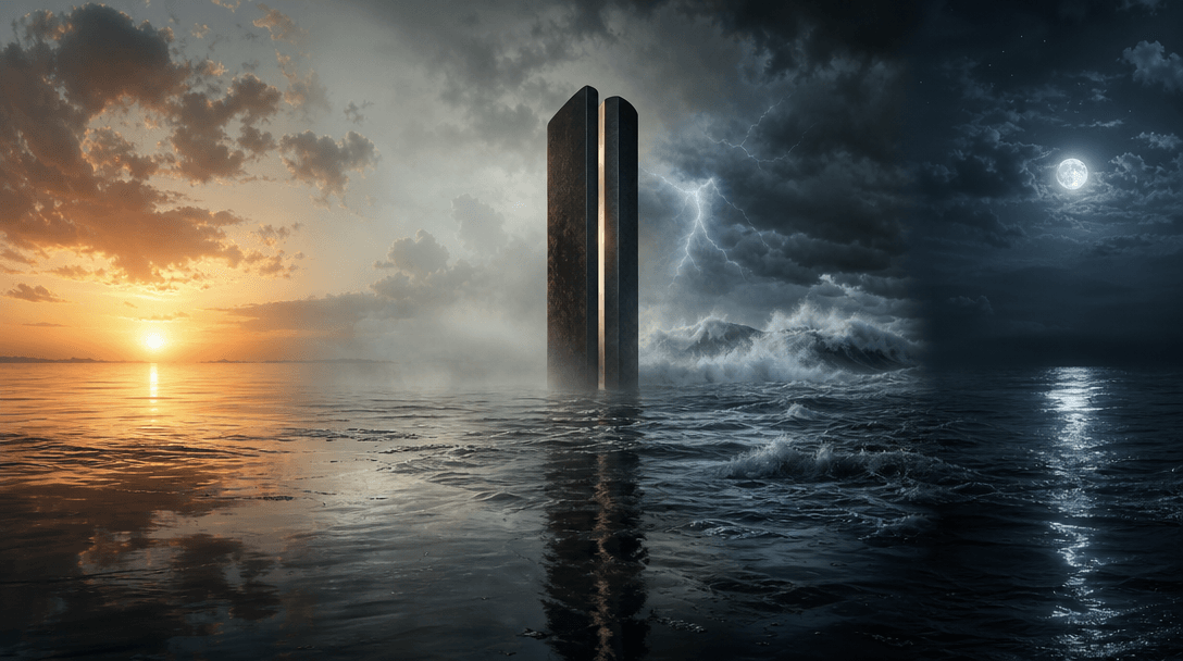 Four connected ocean environments transitioning across one cinematic panorama: calm sunrise water, silver mist, dramatic