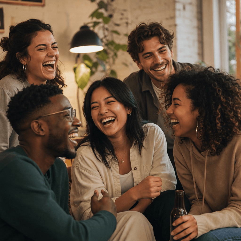 Multiple diverse people laughing together, casual social context, warm inviting atmosphere, candid authentic moment, gen