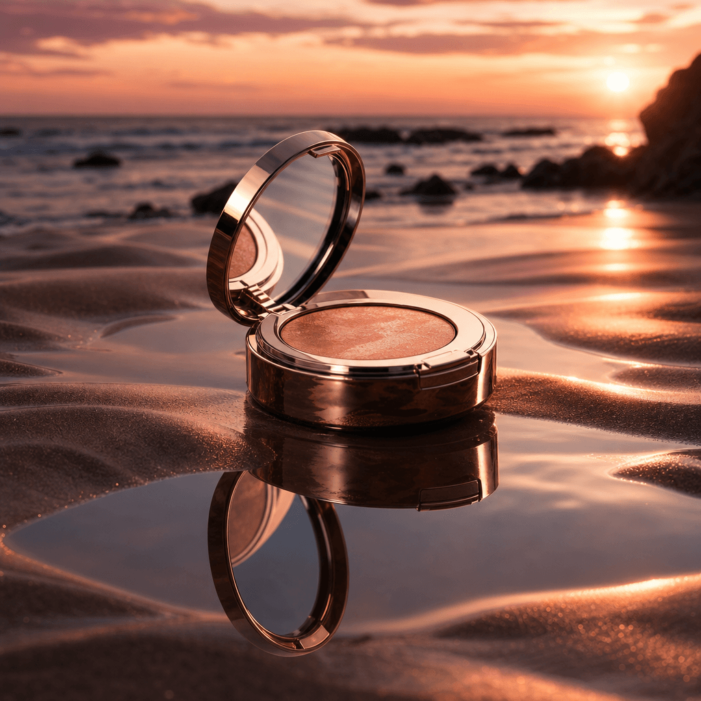 A metallic cosmetic compact resting on rippled golden sand at sunset, a mirror-like film of seawater reflecting the prod