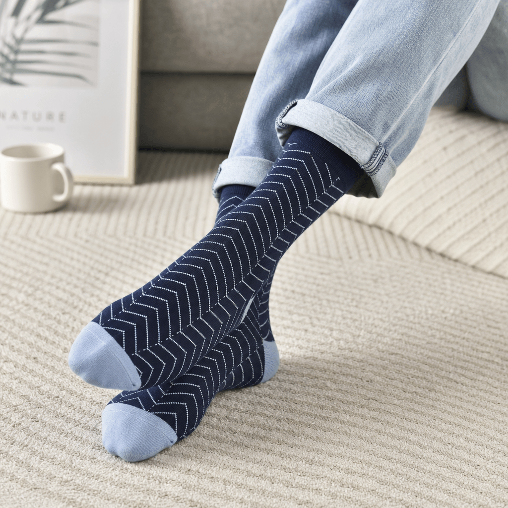 Full foot in stylish socks try-on shot, natural lighting, casual wear scenario, product visible clearly, fabric detail v