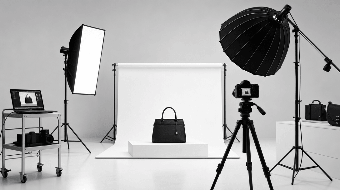 Professional product photography studio setup, bright clean background, subtle lighting equipment detail, catalog produc