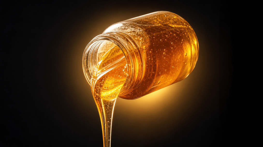 High-end product photography: artisan honey pouring from a glass jar in mid-air, golden liquid catching a dramatic singl