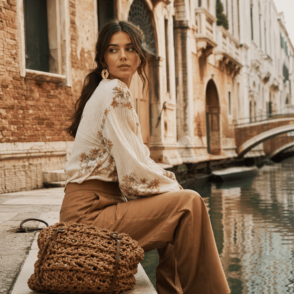 Lifestyle editorial portrait in Italian architectural setting with rustic charm, natural warm light, cinematic compositi