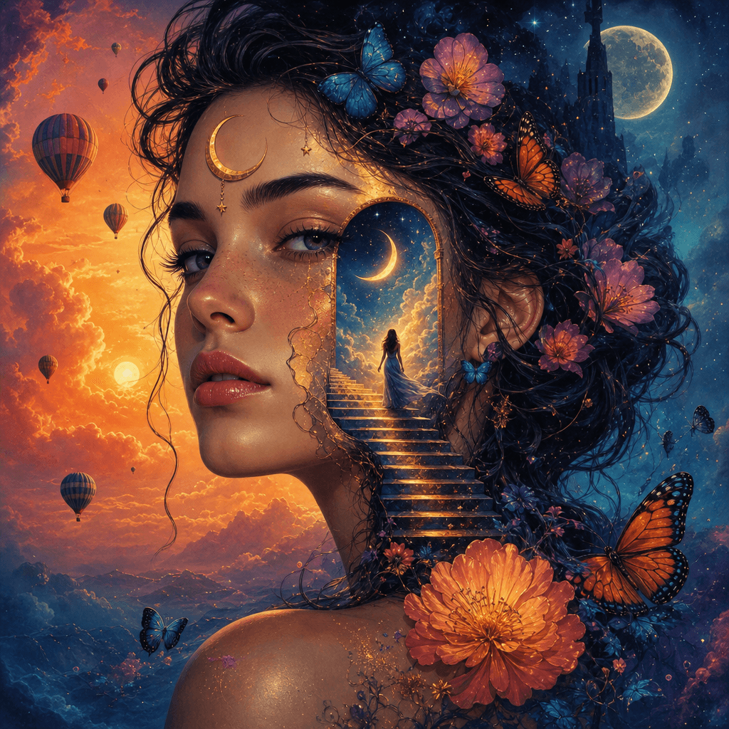 A mystical portrait transformed into a surreal visual, featuring vibrant colors and dreamlike elements, perfect for capt