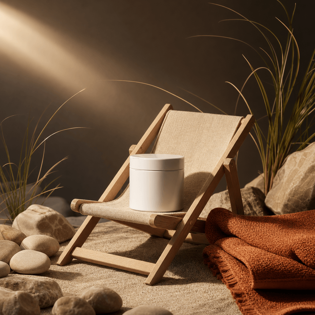 A compact white supplement jar centered on a miniature natural-linen beach lounger, surrounded by subtle dune grass, pal