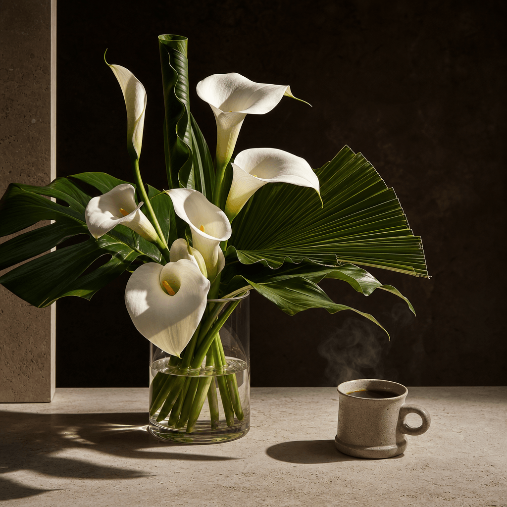 A modern minimalist bouquet of white calla lilies and sculptural green leaves paired with a small coffee cup on pale tra