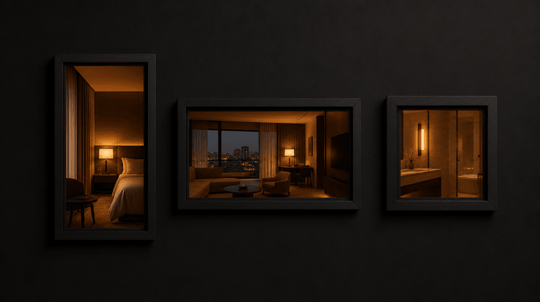 Three dark rectangular frames of different proportions — tall portrait, wide landscape, square — arranged on a deep matt