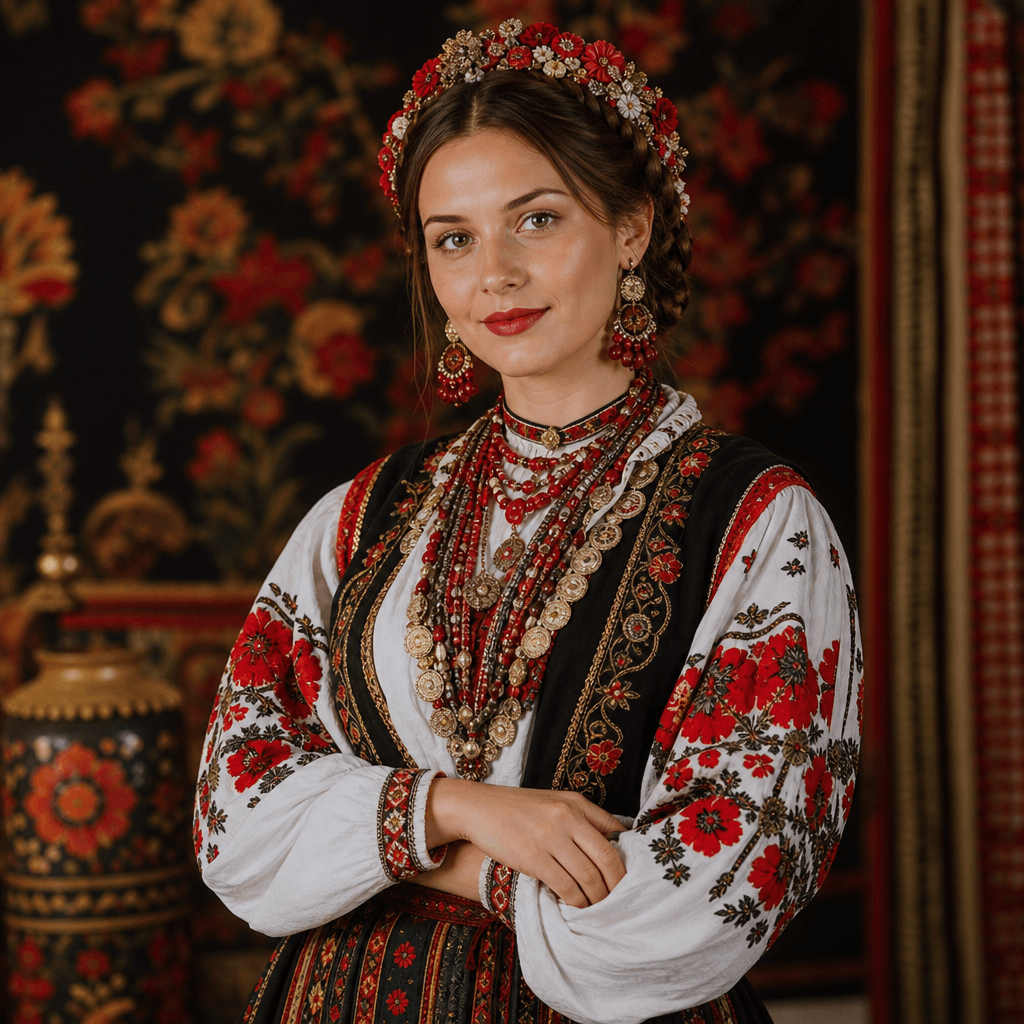 Figure in vibrant Eastern European folk costume, intricate embroidered patterns on traditional dress, rich red and gold 