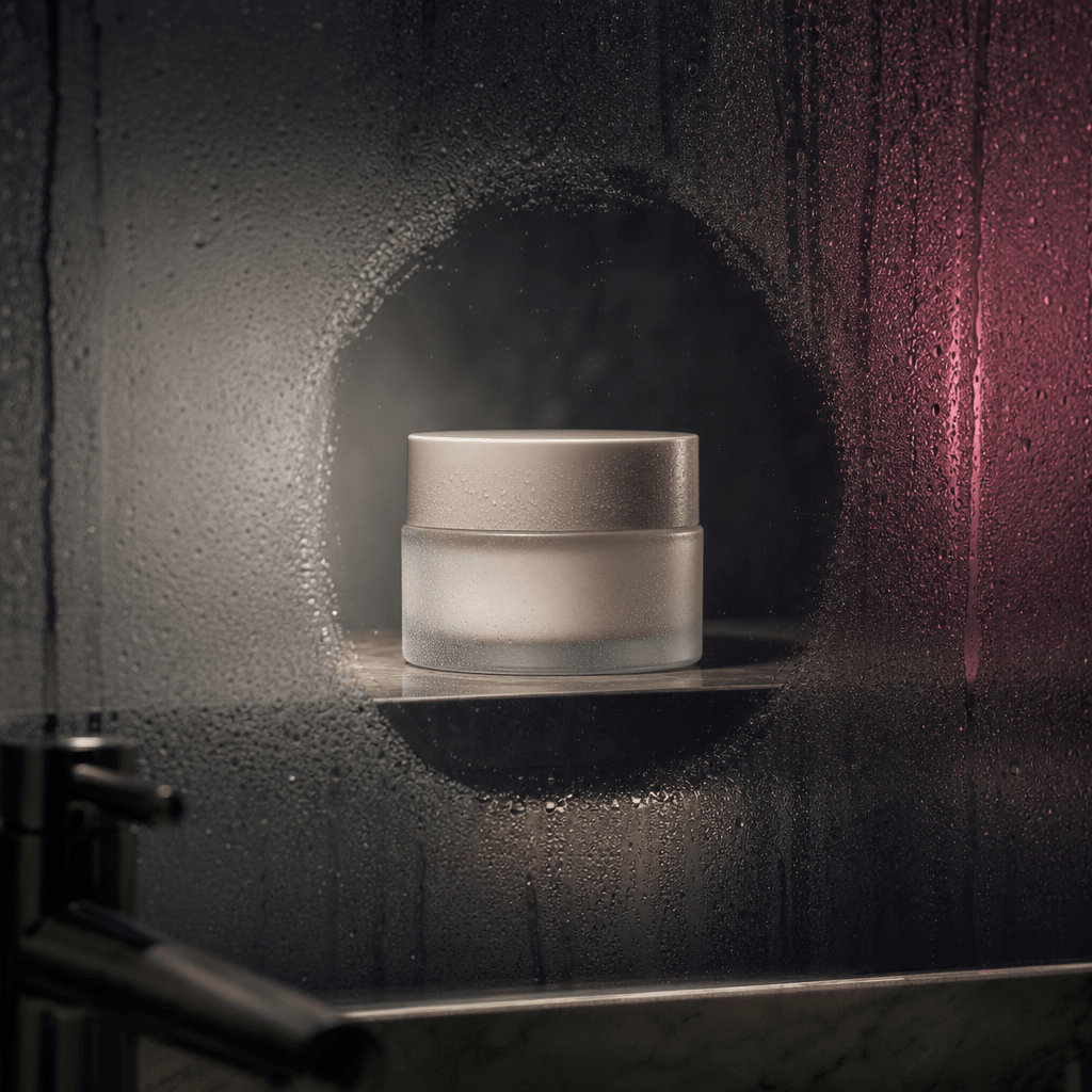 A minimalist moisturizer jar revealed behind a circle of cleared steam on a dark bathroom mirror, soft cinematic lightin