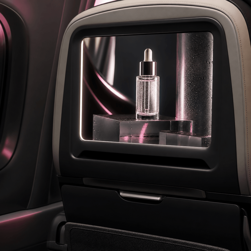 Close view of a modern airplane seatback presenting a luminous skincare serum campaign, translucent glass bottle, subtle