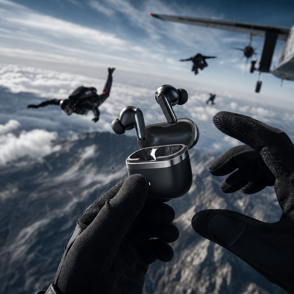 A compact pair of wireless headphones emerging from an open charging case during high-altitude freefall, gloved hands st