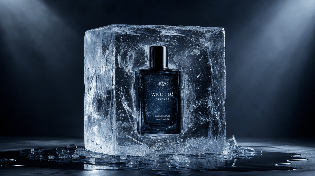 Dramatic frozen product showcase with theatrical studio lighting setup. Ice block photographed with professional product