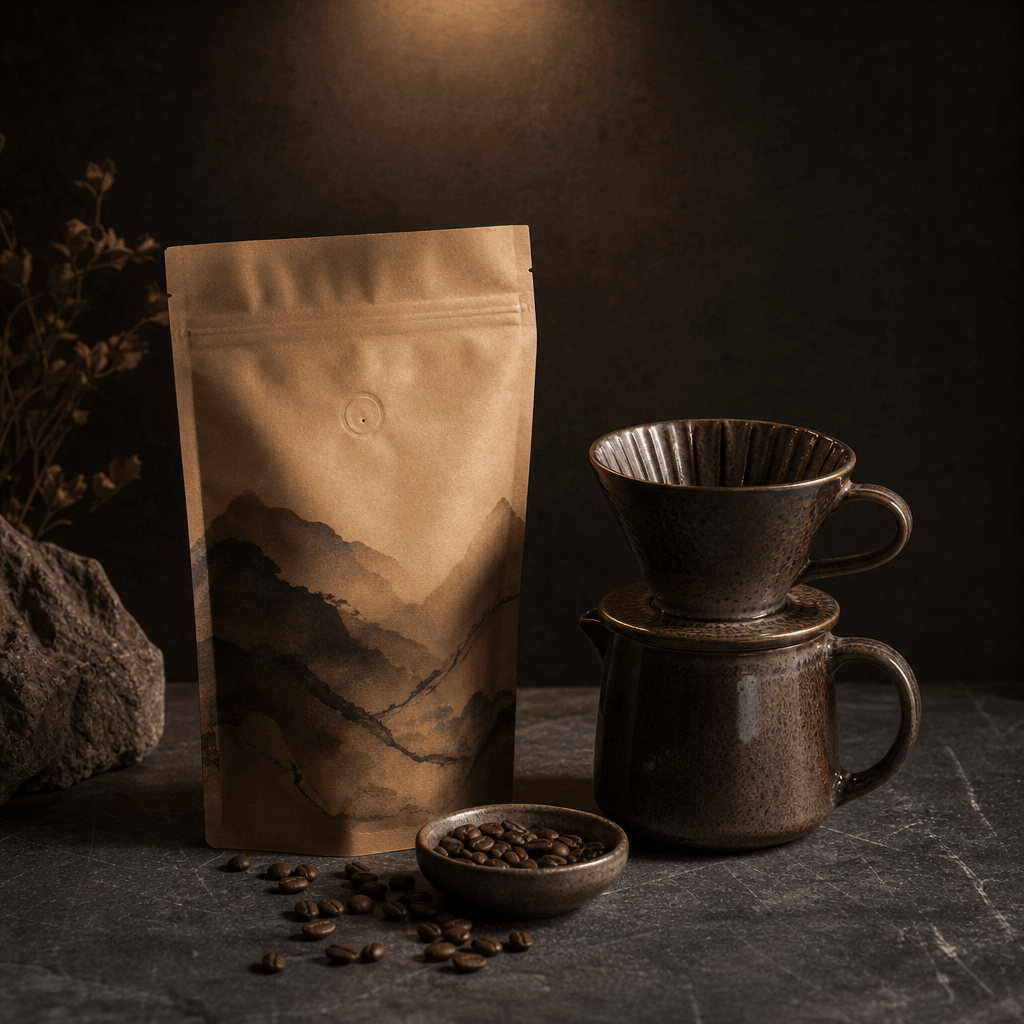 Square editorial lifestyle product image: an artisan coffee bag and ceramic pour-over arranged on dark brushed stone, mo