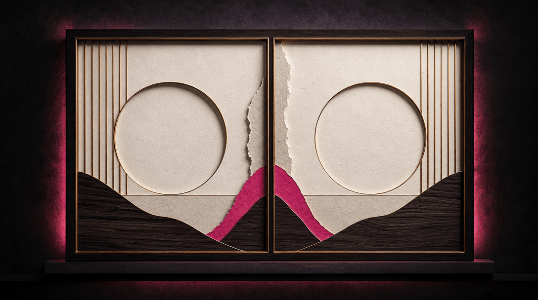 A carefully arranged diptych framework built from textured paper, carved wood, and thin metallic dividers, with two empt