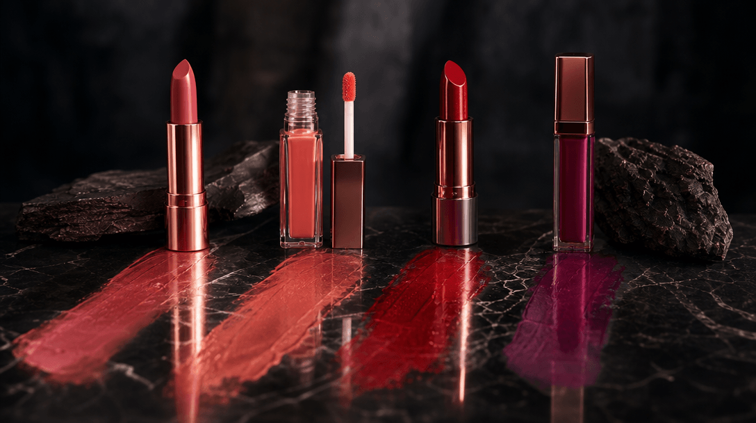 Four elegant unbranded lip products in coordinated rose, coral, crimson, and plum shades arranged across a black stone s
