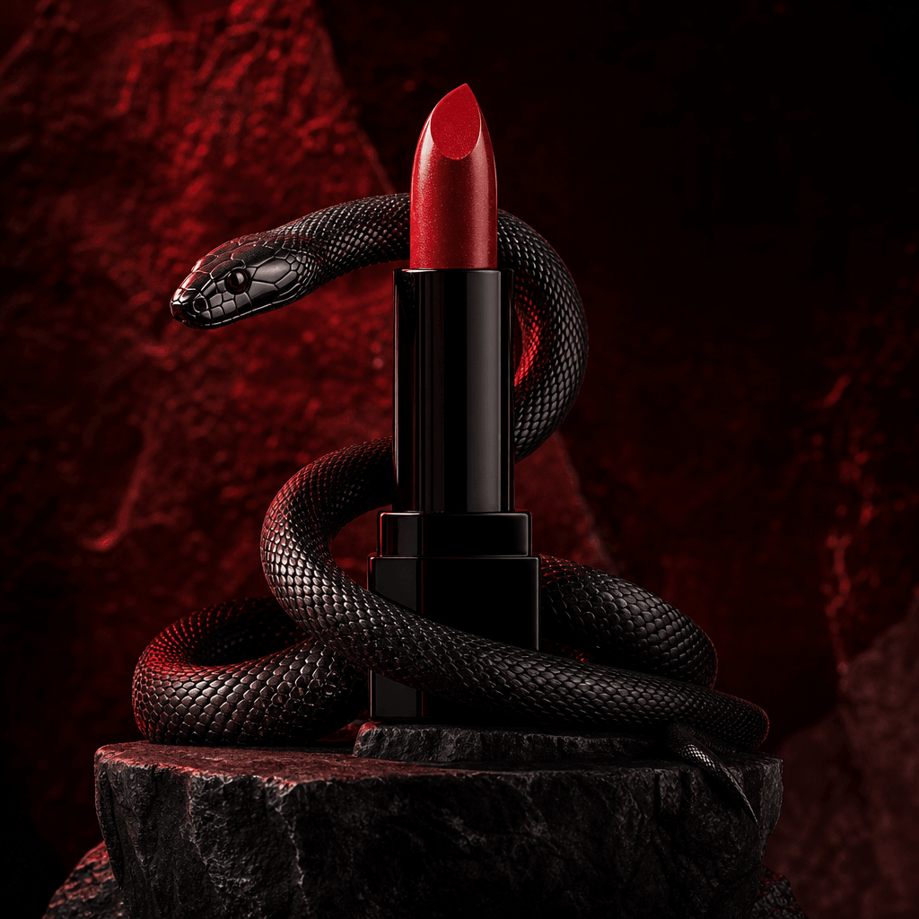 A ruby-red lipstick in a lacquered black case encircled by a sleek dark snake, cinematic studio lighting, rich crimson h