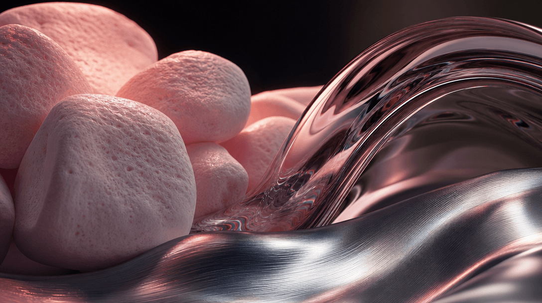 Macro landscape of pillowy marshmallow surfaces beside polished glass and brushed silver materials, dark editorial envir