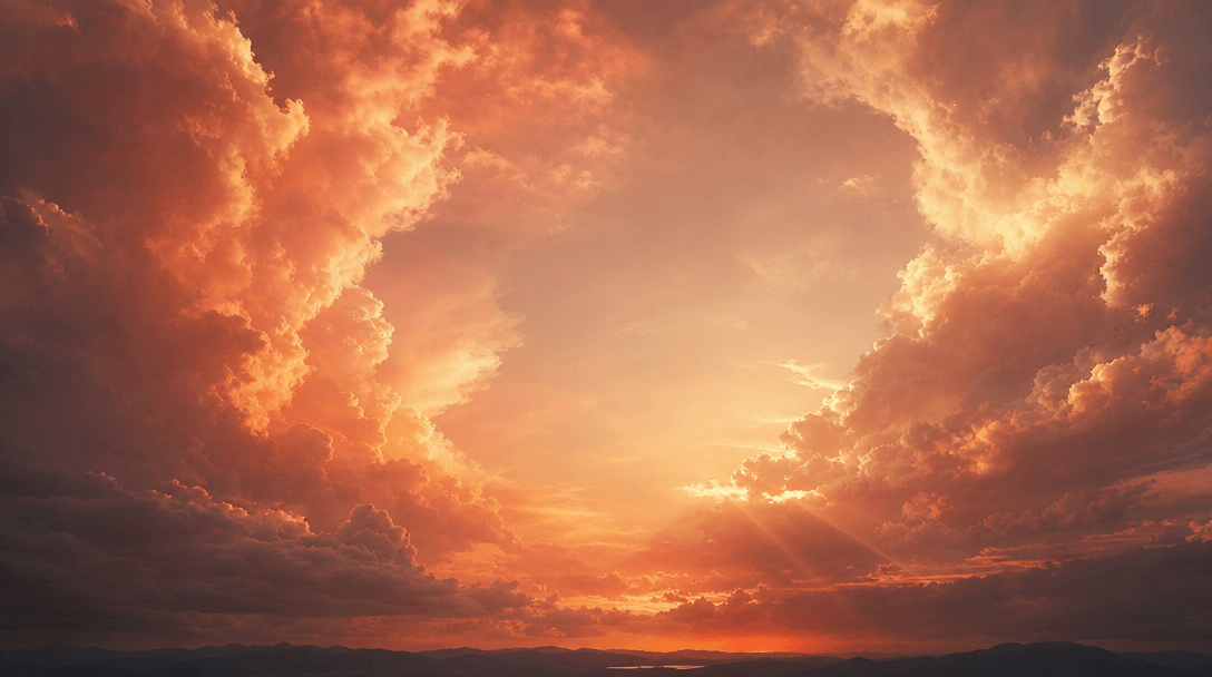 A sweeping panorama of dense peach, coral, and amber clouds at sunset, pierced by narrow shafts of warm light over a dar