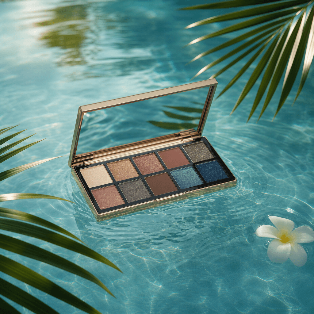 Makeup palette floating in serene blue lagoon water with tropical palm leaves. Soft diffused light, luxury beauty aesthe