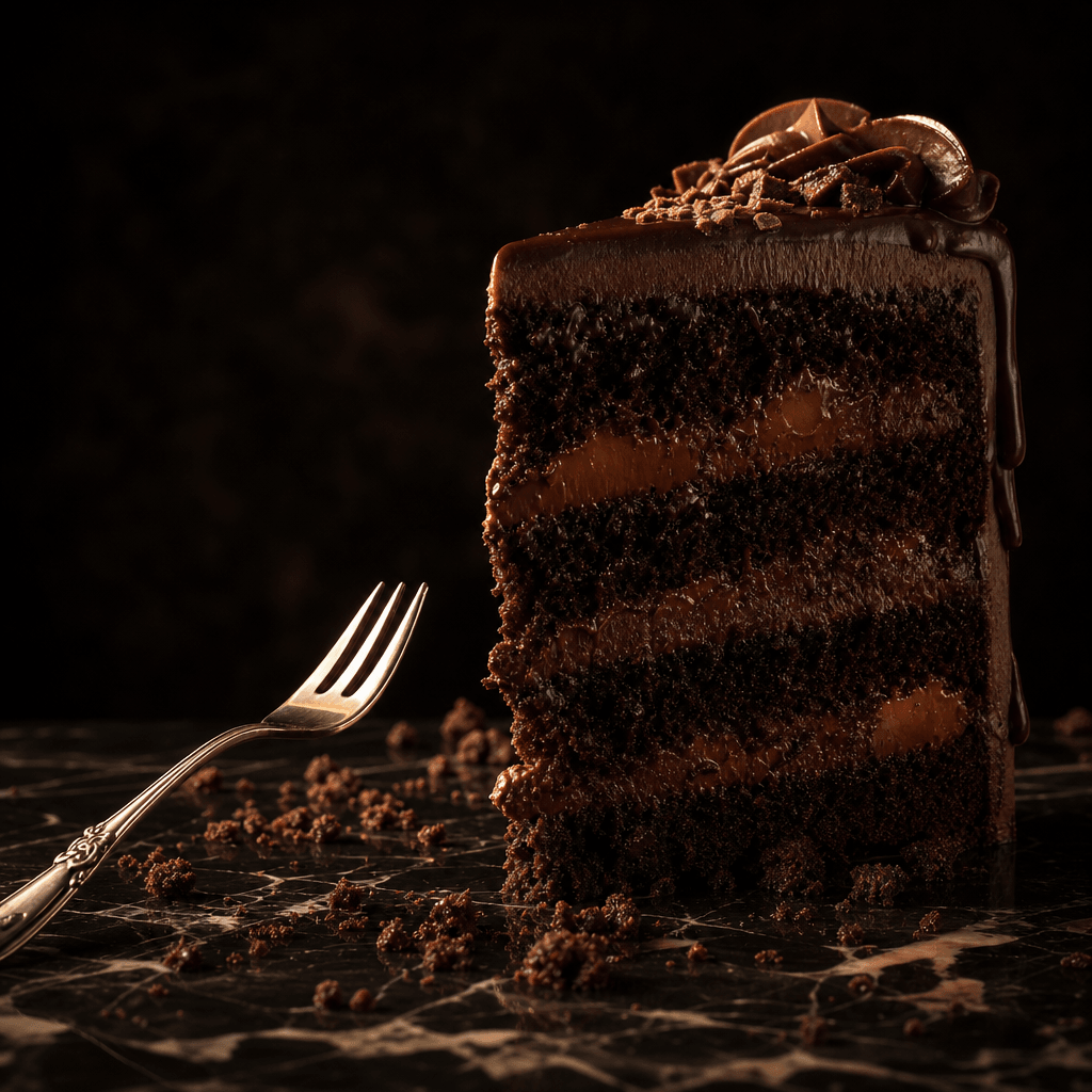 A small polished fork approaching a towering slice of glossy chocolate cake as if reaching a monument, dramatic crumbs a