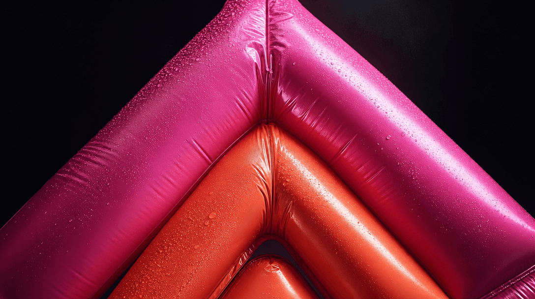 Close-up abstract study of colorful balloon vinyl bending into a confident geometric emblem, with visible inflated volum