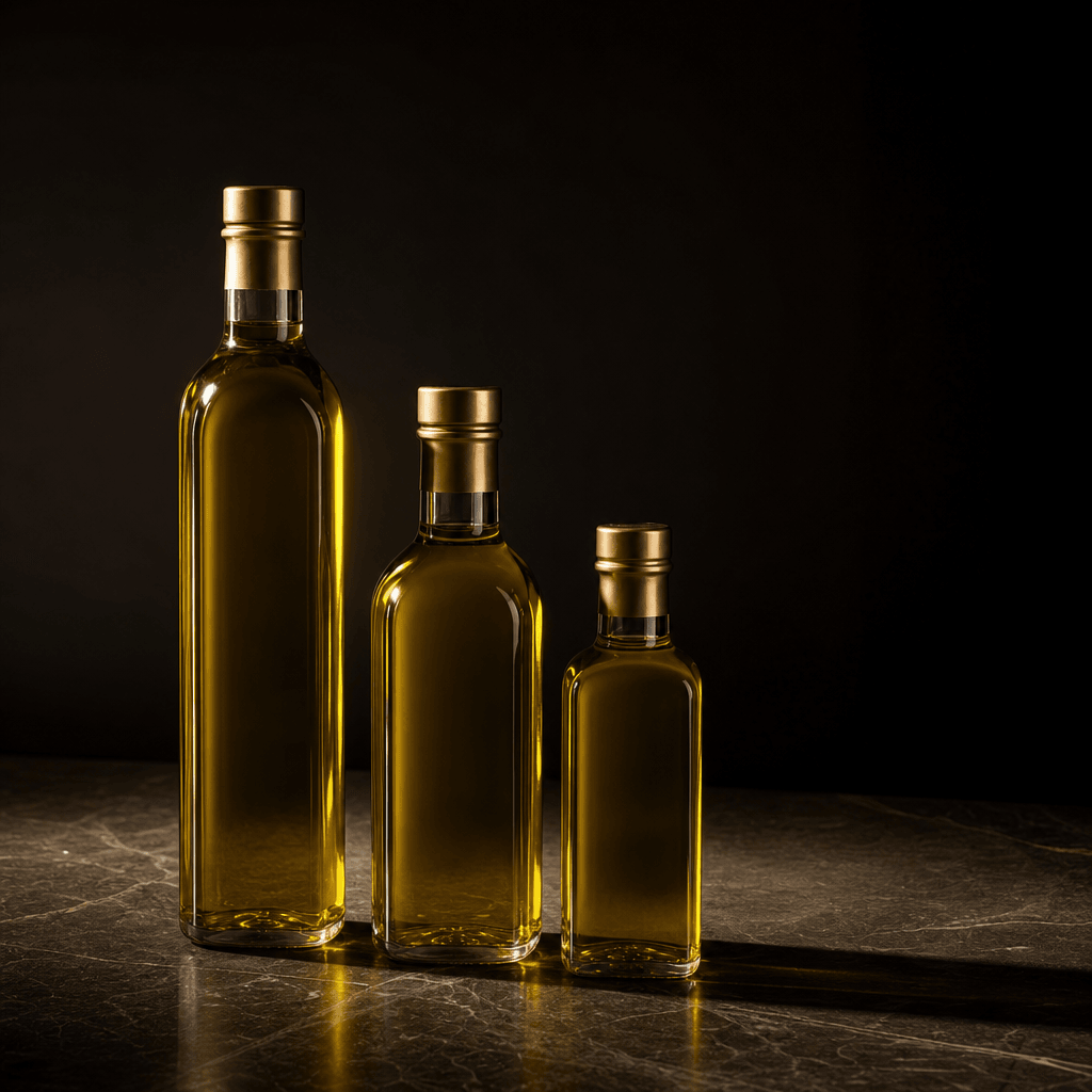 Three premium olive oil bottles of varying heights arranged on a dark polished stone surface, directional studio light c