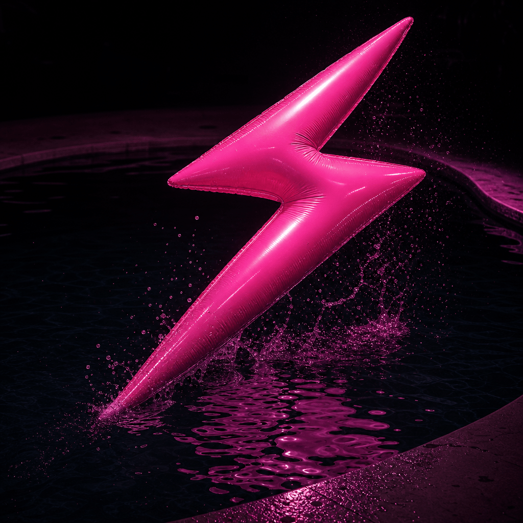 A sharp lightning-shaped brand mark interpreted as electric pink inflatable vinyl, floating diagonally across a midnight