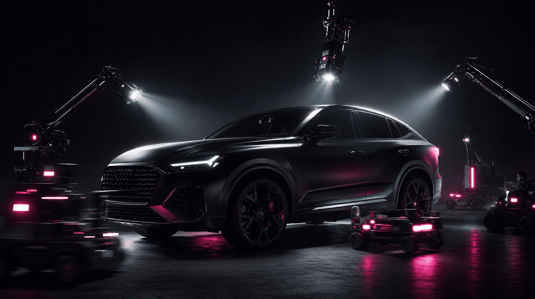 A dramatic automotive silhouette emerging from darkness as miniature work lights trace the vehicle's contours and create