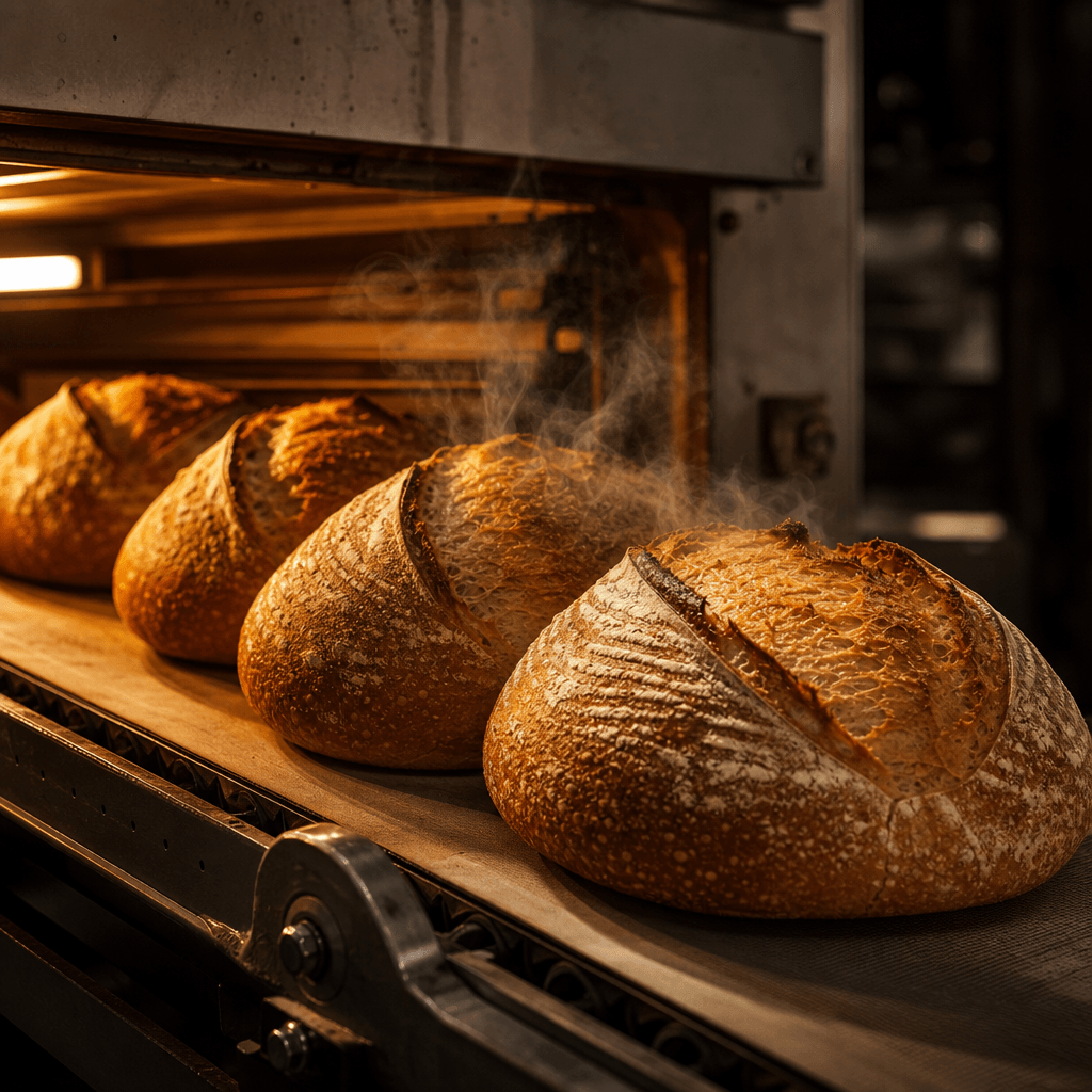 Cinematic close-up of artisan sourdough loaves emerging from an industrial deck oven on a slow conveyor belt, golden cru