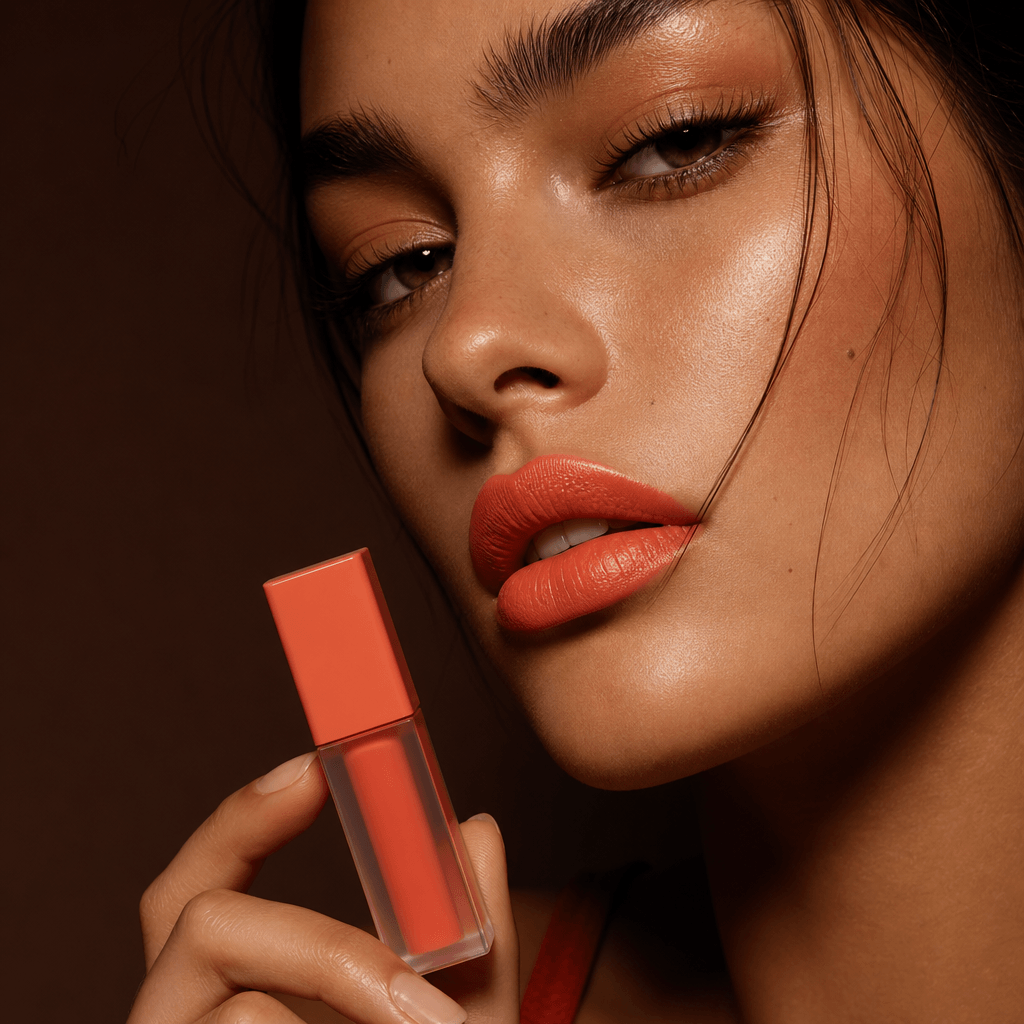 Square high-fashion cosmetics image of coral-orange lips matched to a minimal unbranded lip tint bottle, photographed ag
