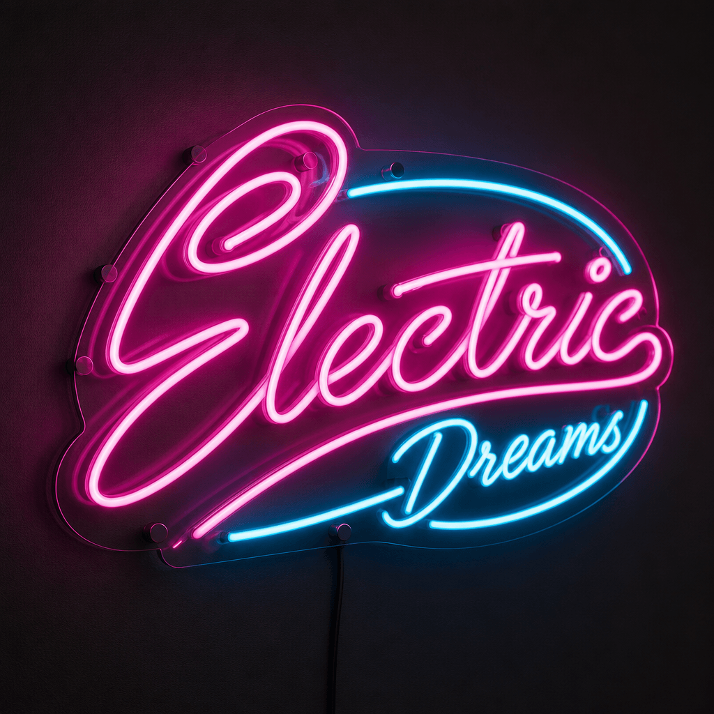 Vibrant neon sign with flowing script logo, electric magenta and cyan colors, mounted on black matte wall, professional 
