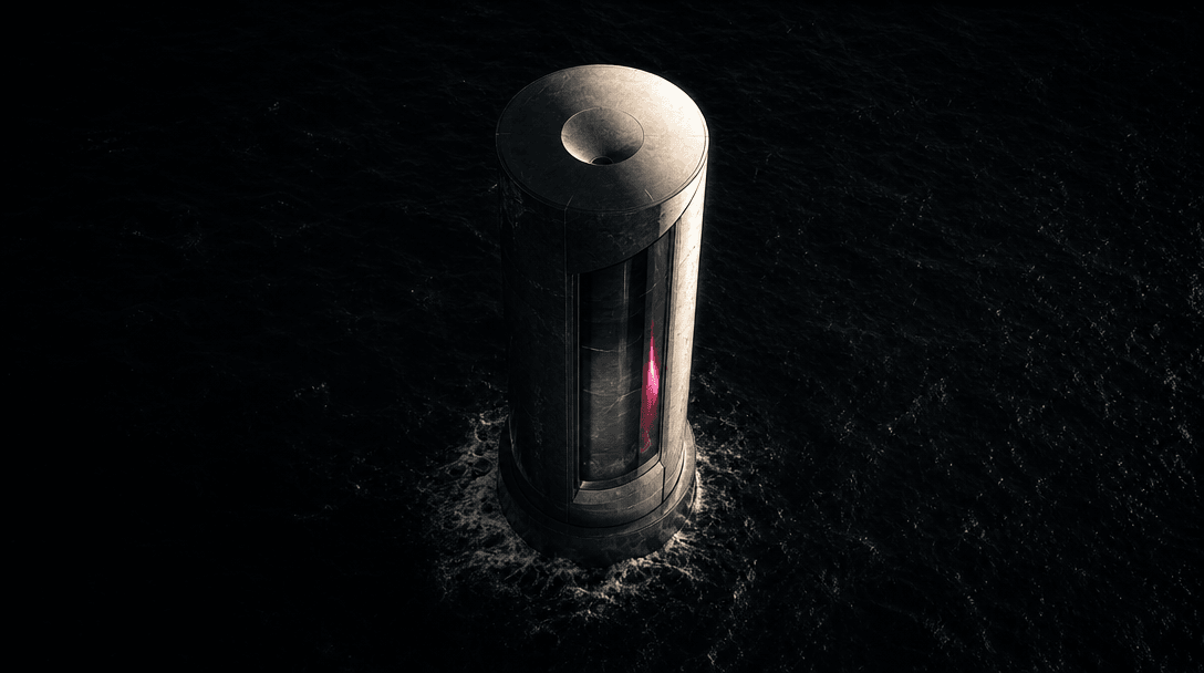 An abstract monumental cylinder rising from an endless dark ocean, its polished stone and glass surfaces catching a narr