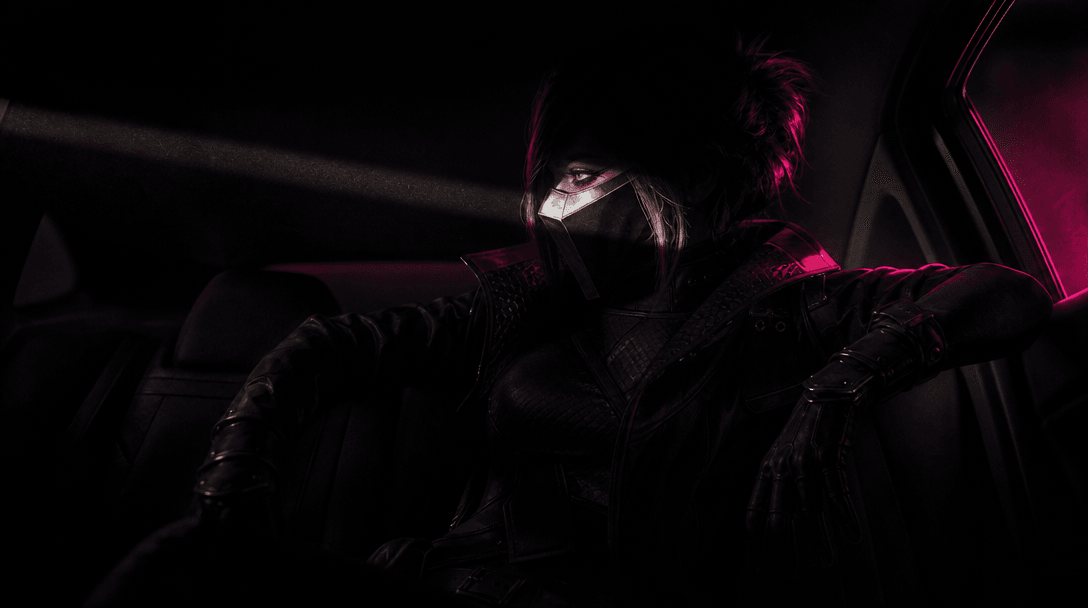 An original character silhouette slowly revealed inside a vehicle by a narrow sweep of cinematic light, with distinctive