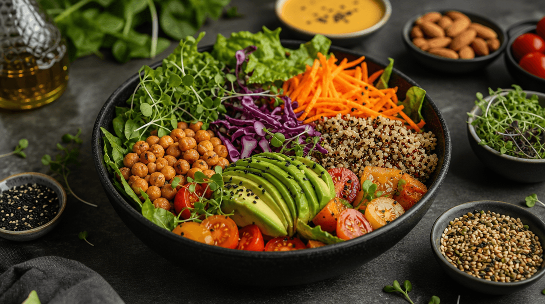 Vibrant fresh food color harmony composition. Warm appetizing color palette with layered textures, multiple food ingredi
