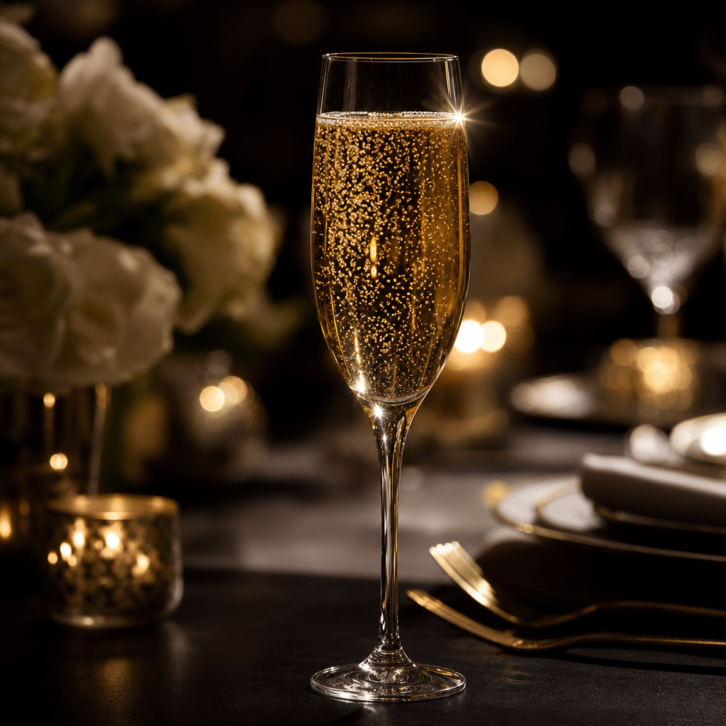 Champagne flute with golden wine catching dramatic studio light, creating sparkle and effervescence. Elegant crystal gla
