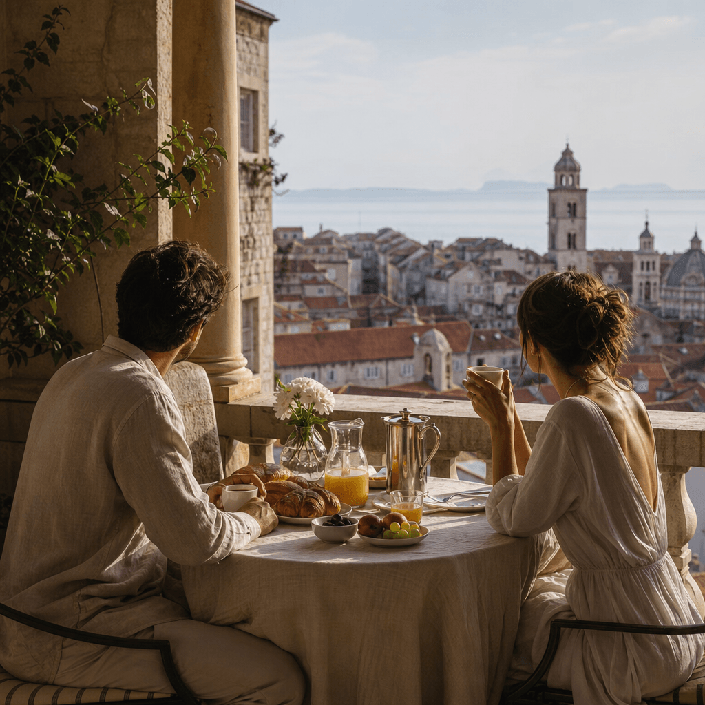 An anonymous adult couple sharing breakfast on a shaded European balcony overlooking an old coastal town. Soft morning s
