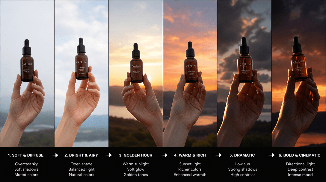 Lighting adjustment sequence showing product brightness changing from soft diffuse to dramatic directional light, hand p