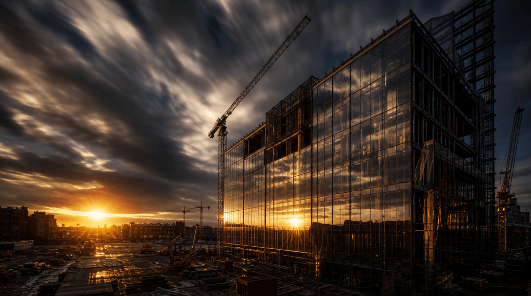 Wide cinematic shot of golden-hour light sweeping dramatically across a glass curtain wall mid-construction, fast-moving
