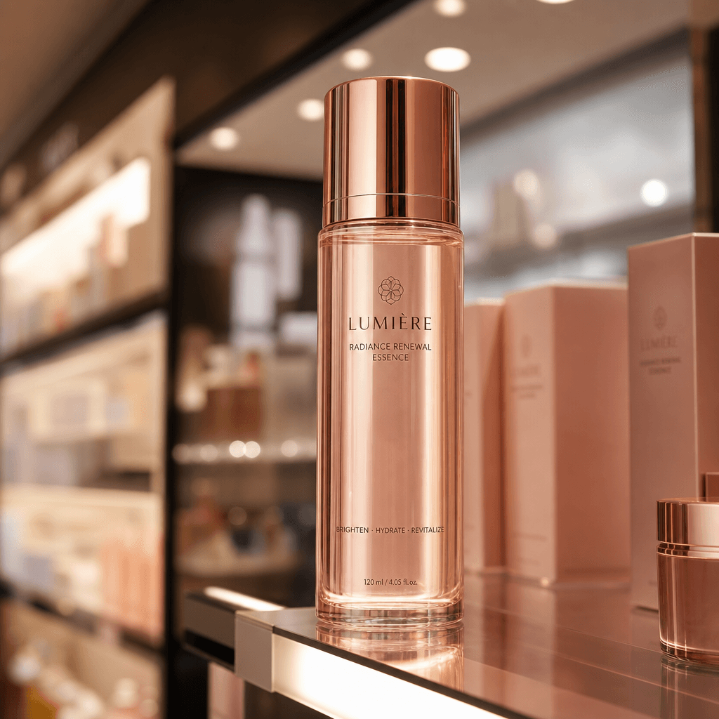 A rose gold skincare bottle positioned on a sleek retail shelf with professional lighting. Warm overhead spotlights crea