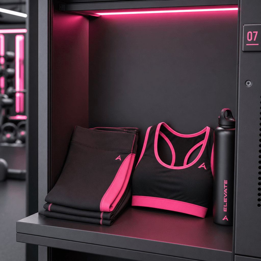 Folded athletic leggings and sports bra in black and hot pink arranged on a clean locker shelf with modern gym environme